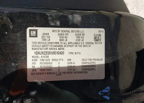 2010 Chevrolet Tahoe Ltz z USA, uszkodzony, nr VIN 1GNUKCE0XAR242420